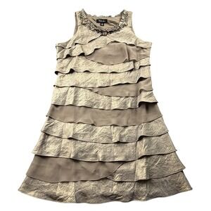 SL Fashions Layered Ruffle Cocktail Dress Size 14 Beaded Taupe Elegant